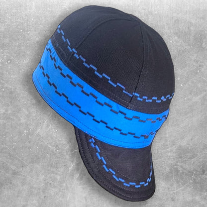 Black and Blue Flame-Resistant Welding Cap with Stitch Detail – Durable Beanie for Welders