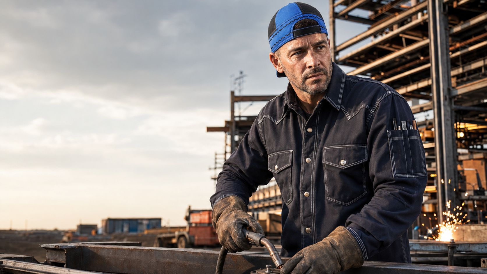 Man in work attire with gloves and a cap at a construction site