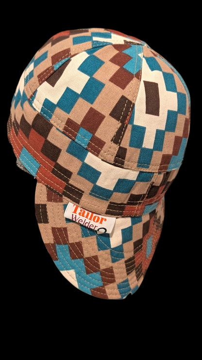 Blue Checkers Flame-Resistant Welding Cap with Stitch Detail – Durable Beanie for Welders