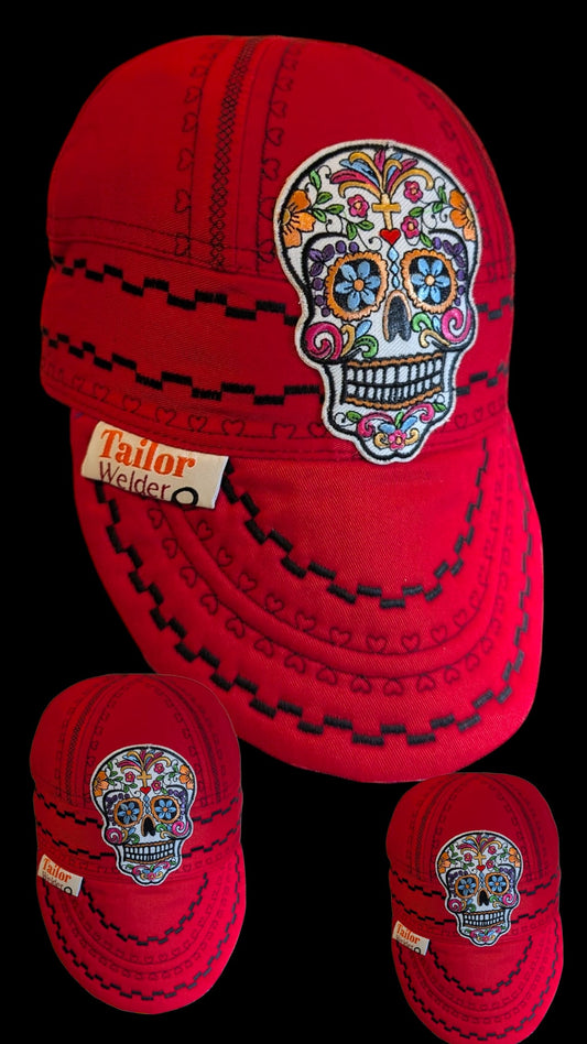 red patterned black- Resistant Welding Cap with Stitch Detail – Durable Beanie for Welders