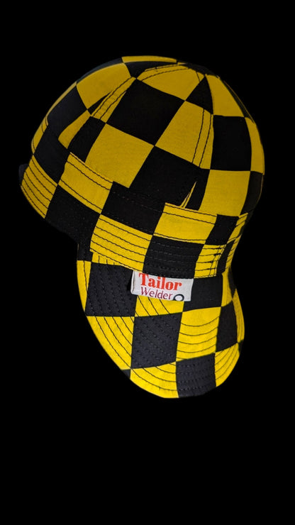 yellow black squares- Resistant Welding Cap with Stitch Detail – Durable Beanie for Welder (Copy)